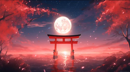 Torii Gate Sakura Blood Moonlight 4K Live Wallpaper