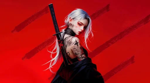 Katana Girl - Red Live Wallpaper