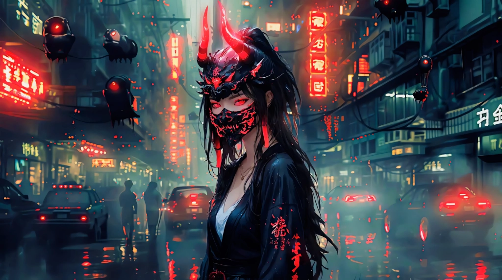 Cyberpunk Oni Mask Babe Live Wallpaper