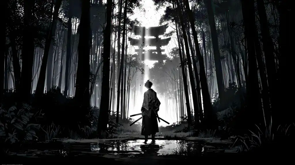 Black and White Torii Gate Samurai Live Wallpaper