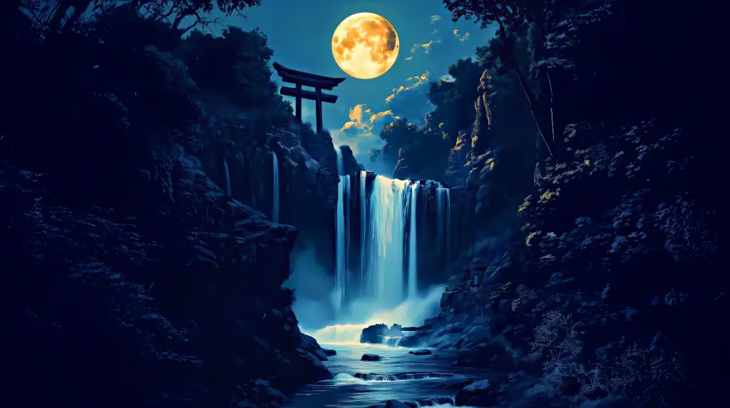Waterfall and Torii Gate at Night Live Wallpaper