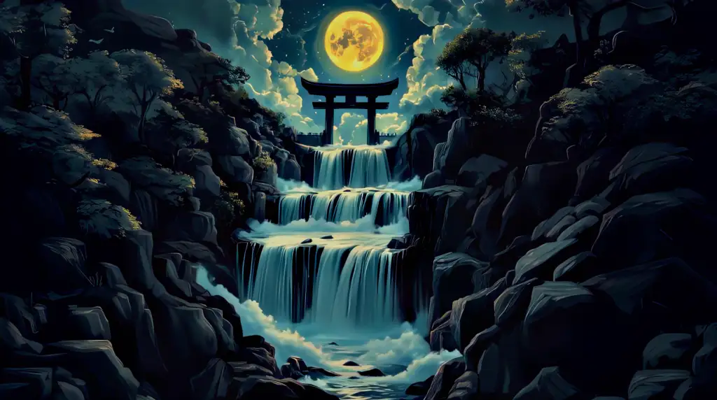 Moonlit Sanctuary: Tranquil Waterfall & Torii Gate 4K Live Wallpaper