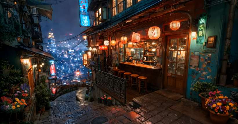 Rainy Lantern Street Bar Live Wallpaper
