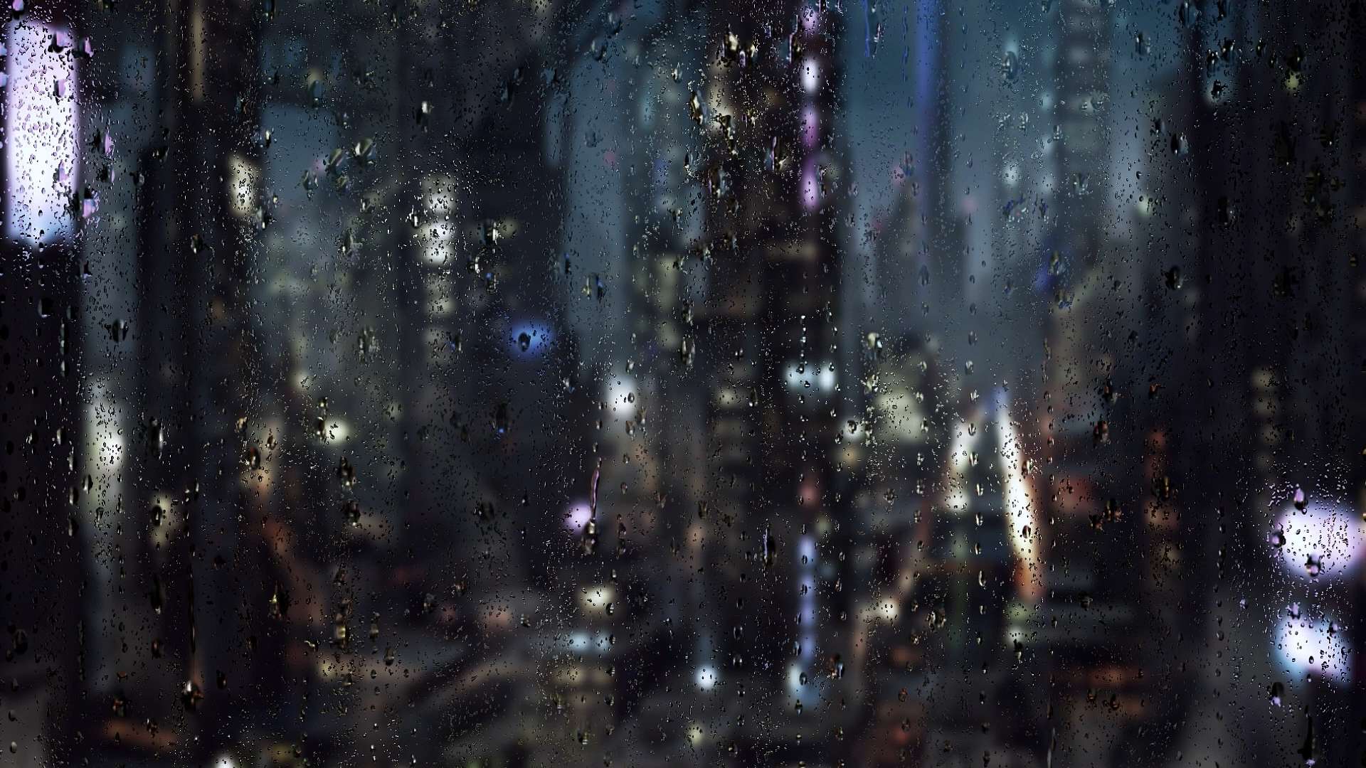 Raindrops at Night on City Tower Window