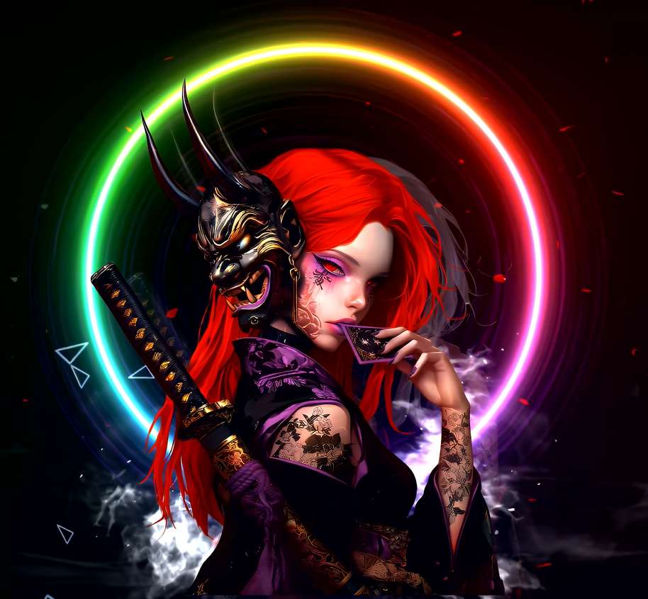 Redhead Demon Mask with Katana Live Wallpaper