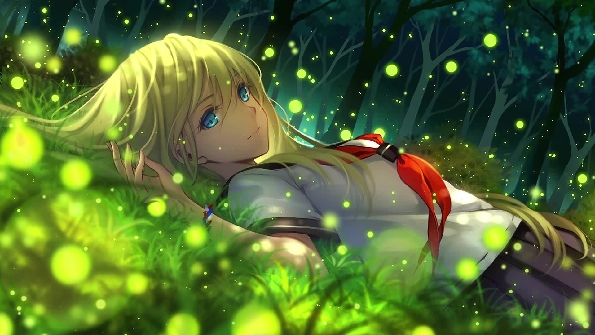 Anime Girl on Grass Animated Wallpaper