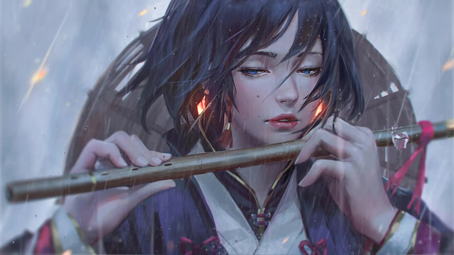 Girl With Flute In Rain Anime Live Wallpaper Free