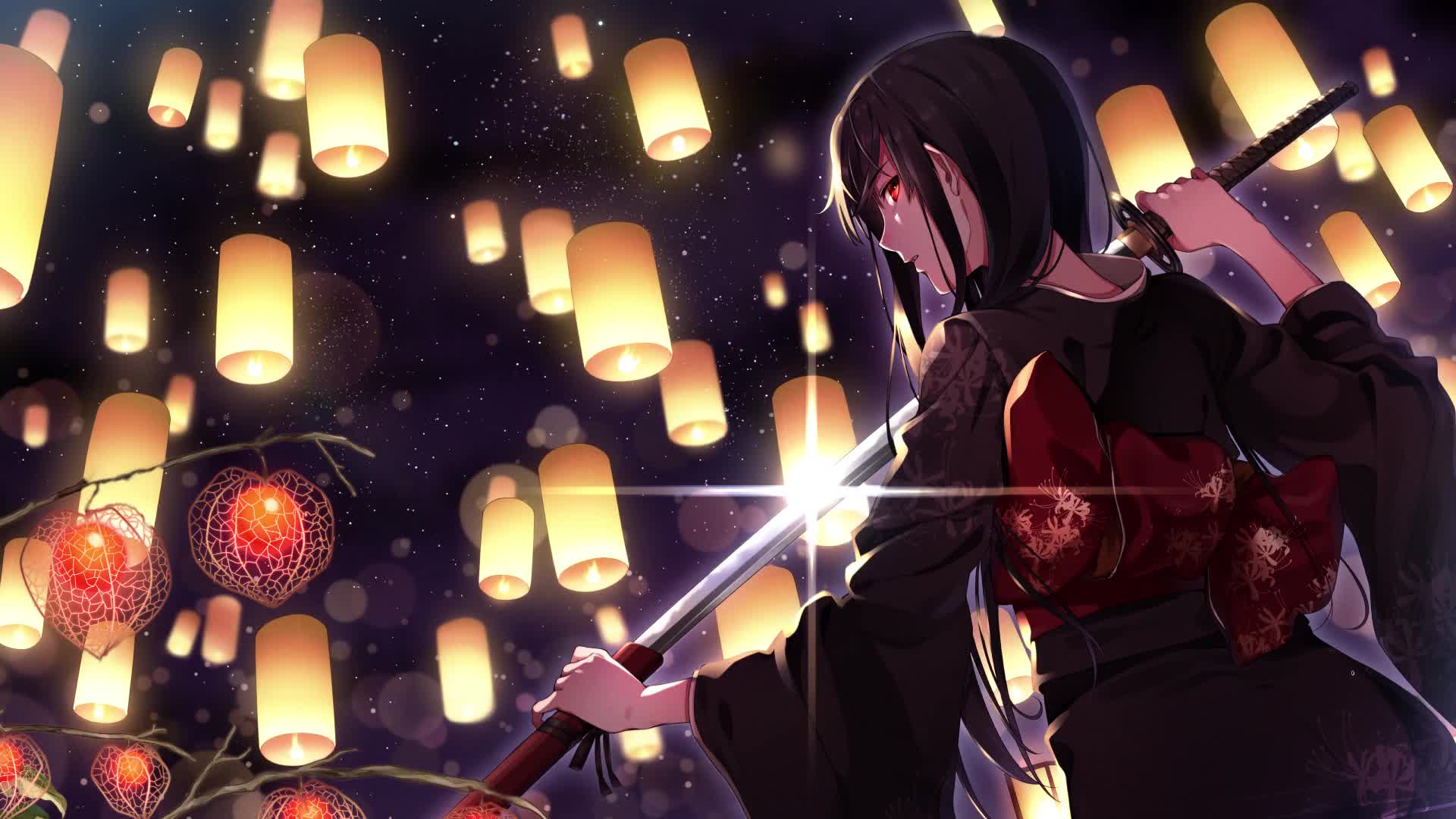 Katana Girl Lanterns HD Live Wallpaper