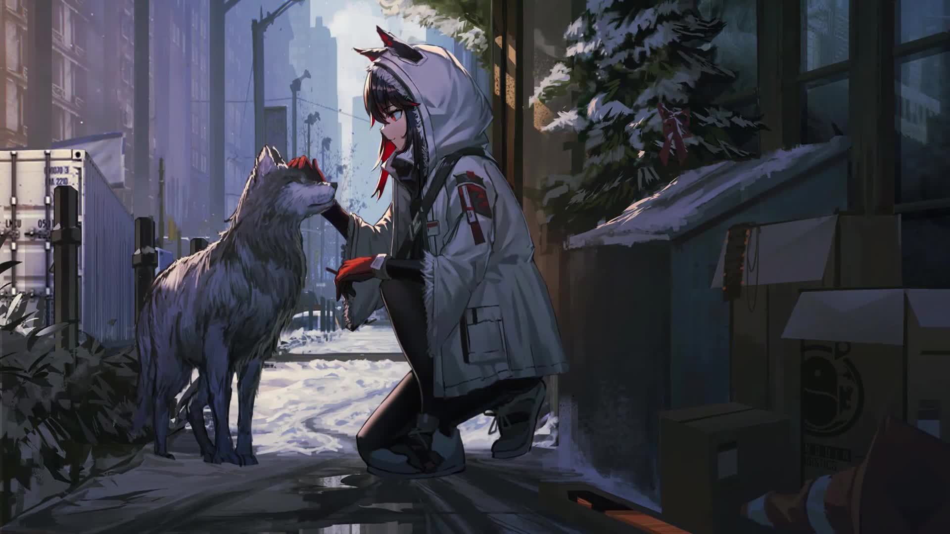 Anime Girl with Dog in Winter Live Wallpaper