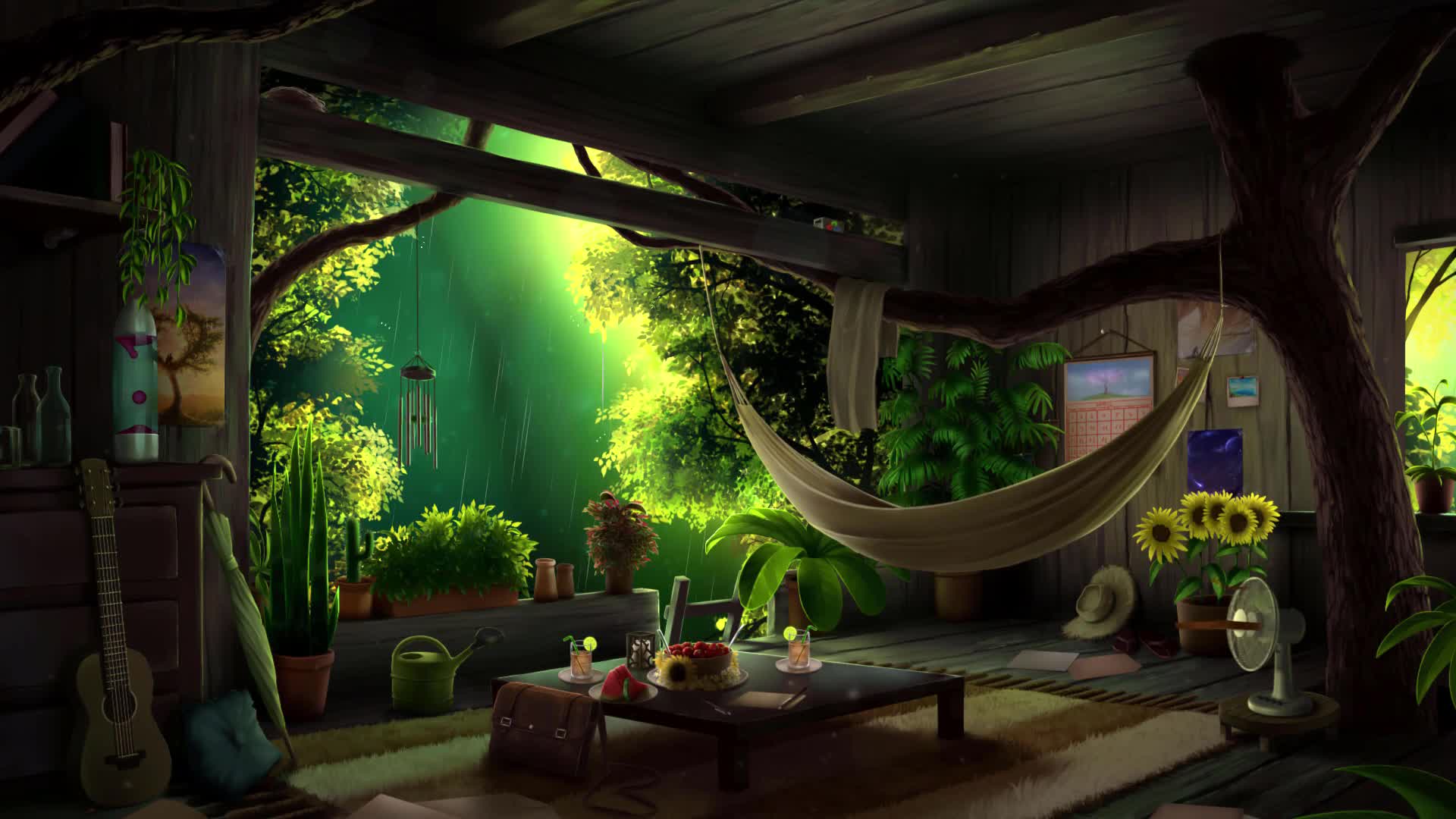 Summer Rain in Wooden Tree House Live Wallpaper