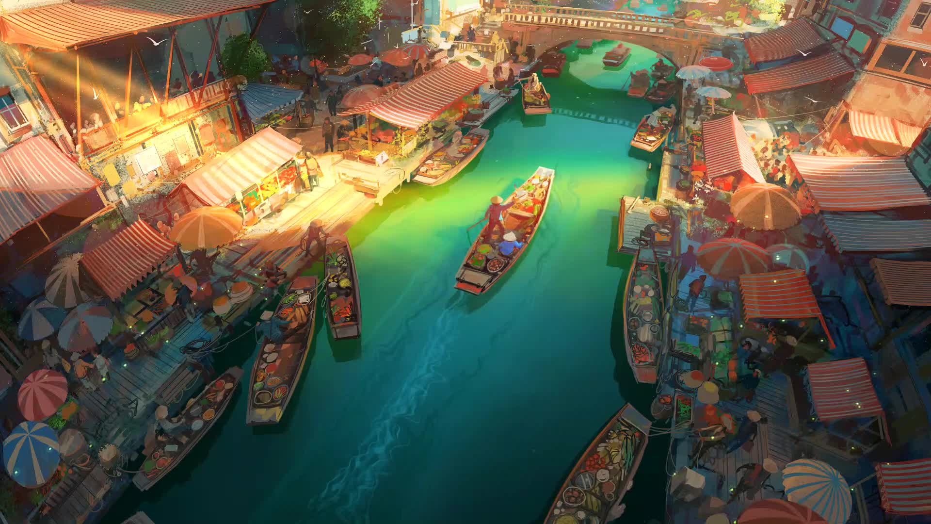 Anime River Market Boats Live Wallpaper