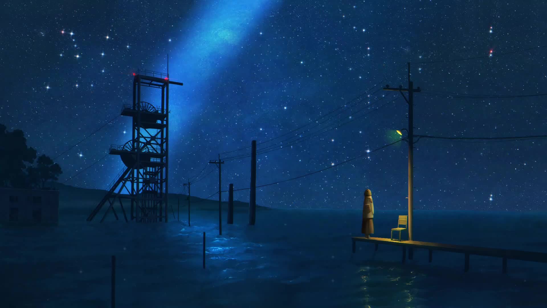 Night Sky and Ocean Artwork by ぽち Live Wallpaper
