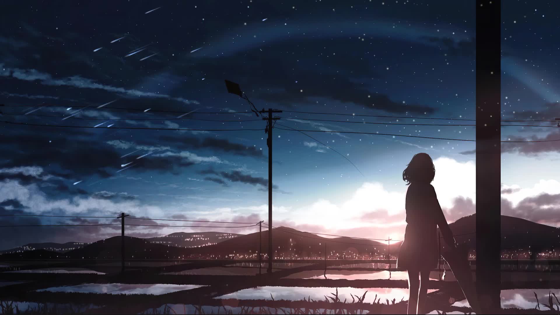 Girl Clouds City and Falling Stars Live Wallpaper