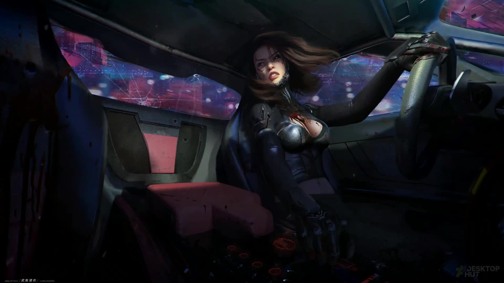 Bloody Cyberpunk Girl in Car Live Wallpaper