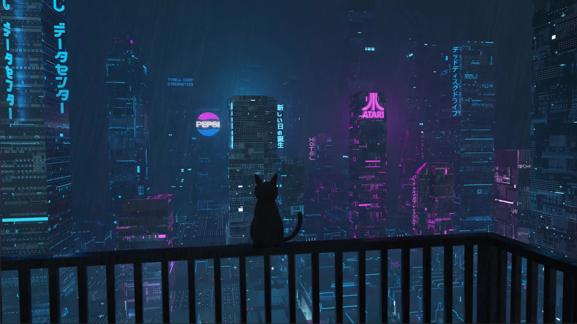 Rain in Japan City With Black Cat Live Wallpaper HD