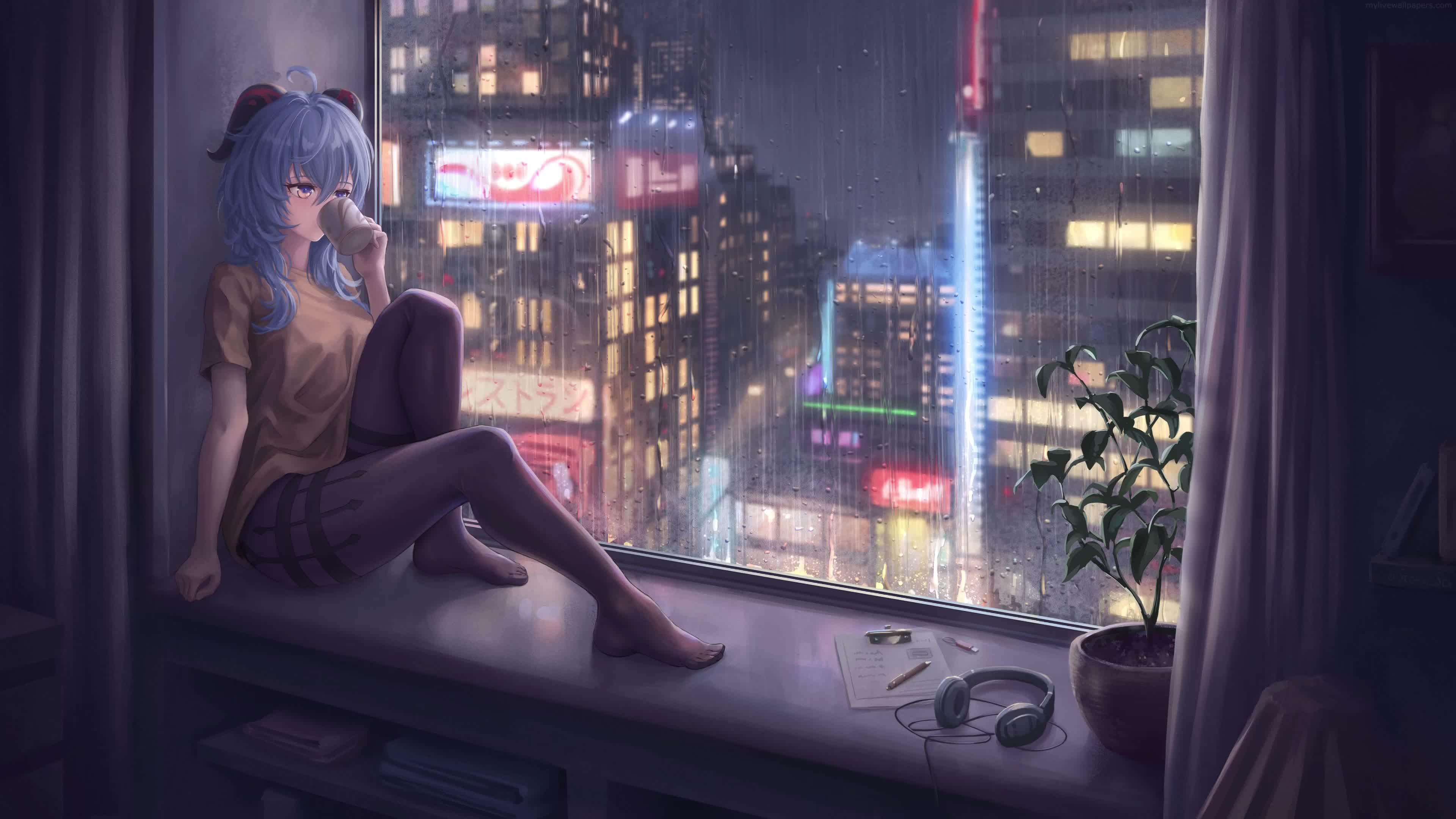 Anime Ganyu Girl And Rainy Night 4K Live Wallpaper
