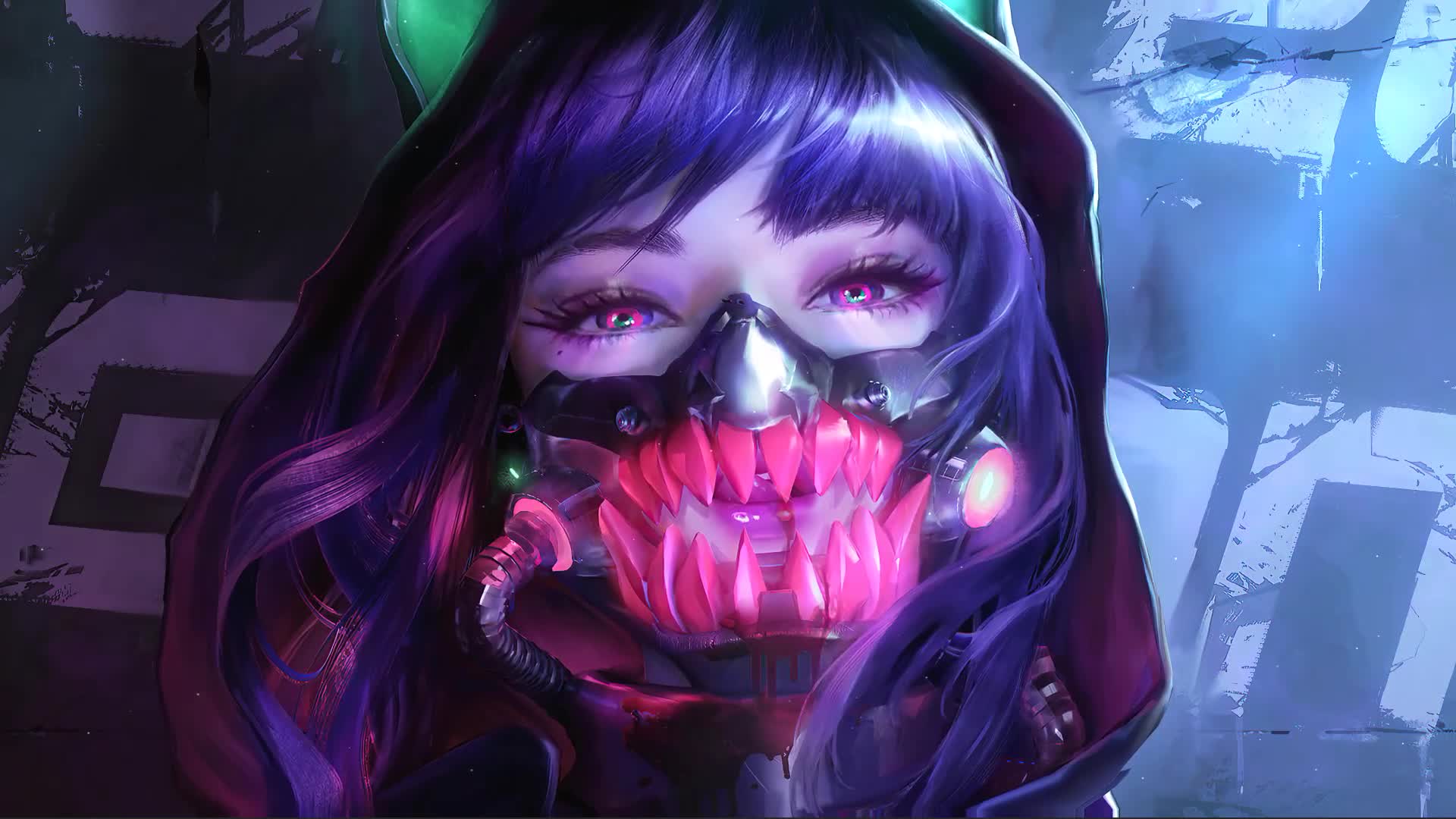 Hooded Kity Neon Cyberpunk Live Wallpaper