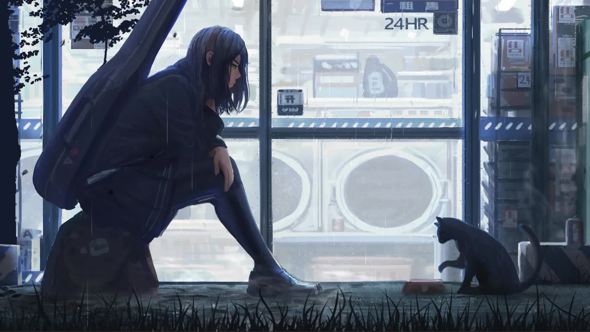 Girl With Cat In The Rain Live Wallpaper