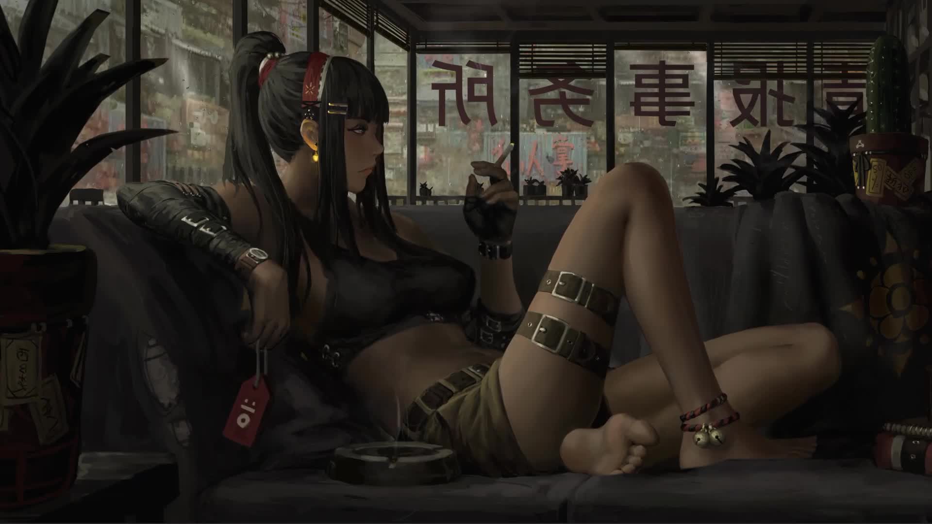 Rain And Girl With Cigarette Live Wallpaper