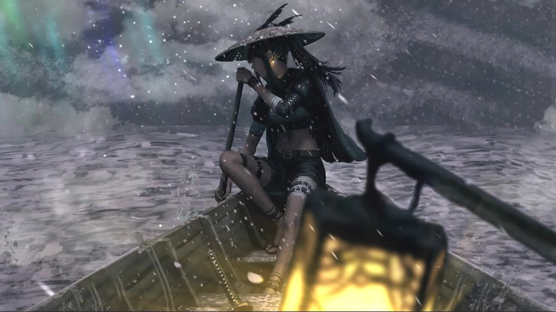 Snow And Girl In The Boat Live Wallpaper