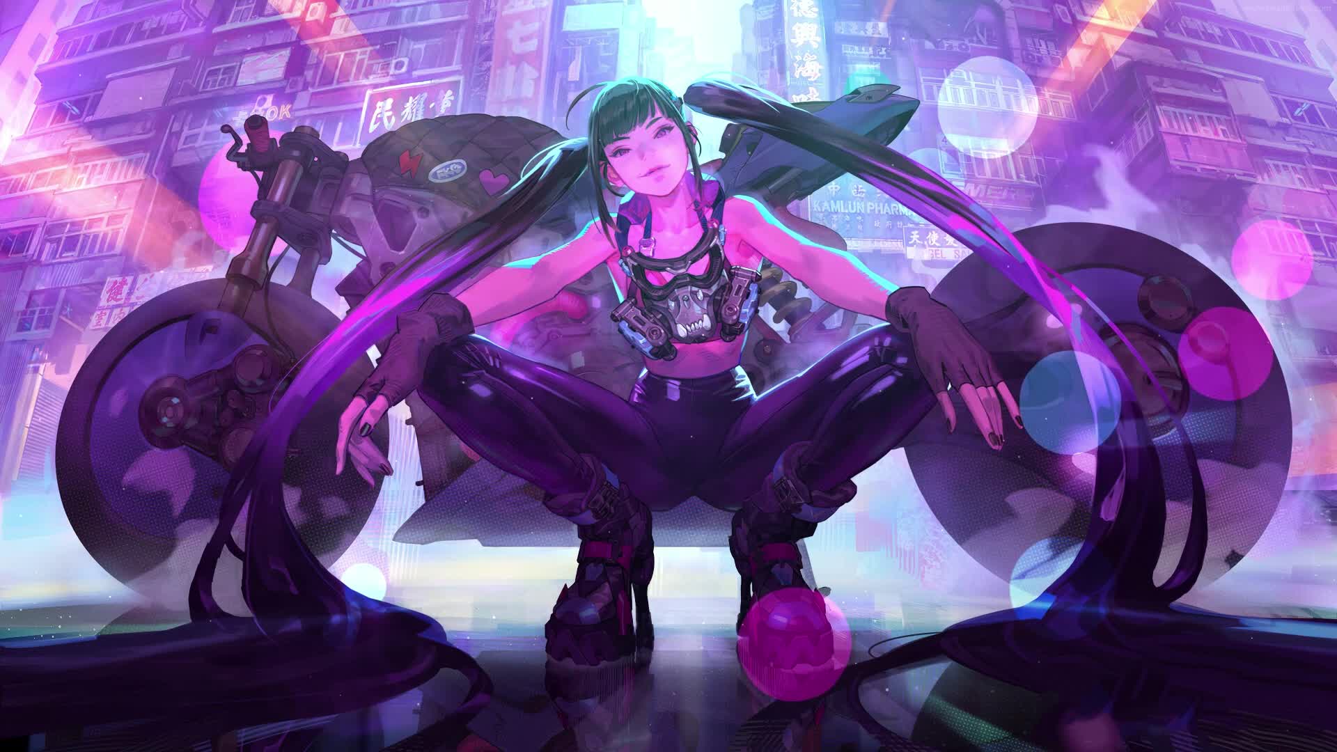 PC Animated Cyberpunk Girl Biker Live Wallpaper