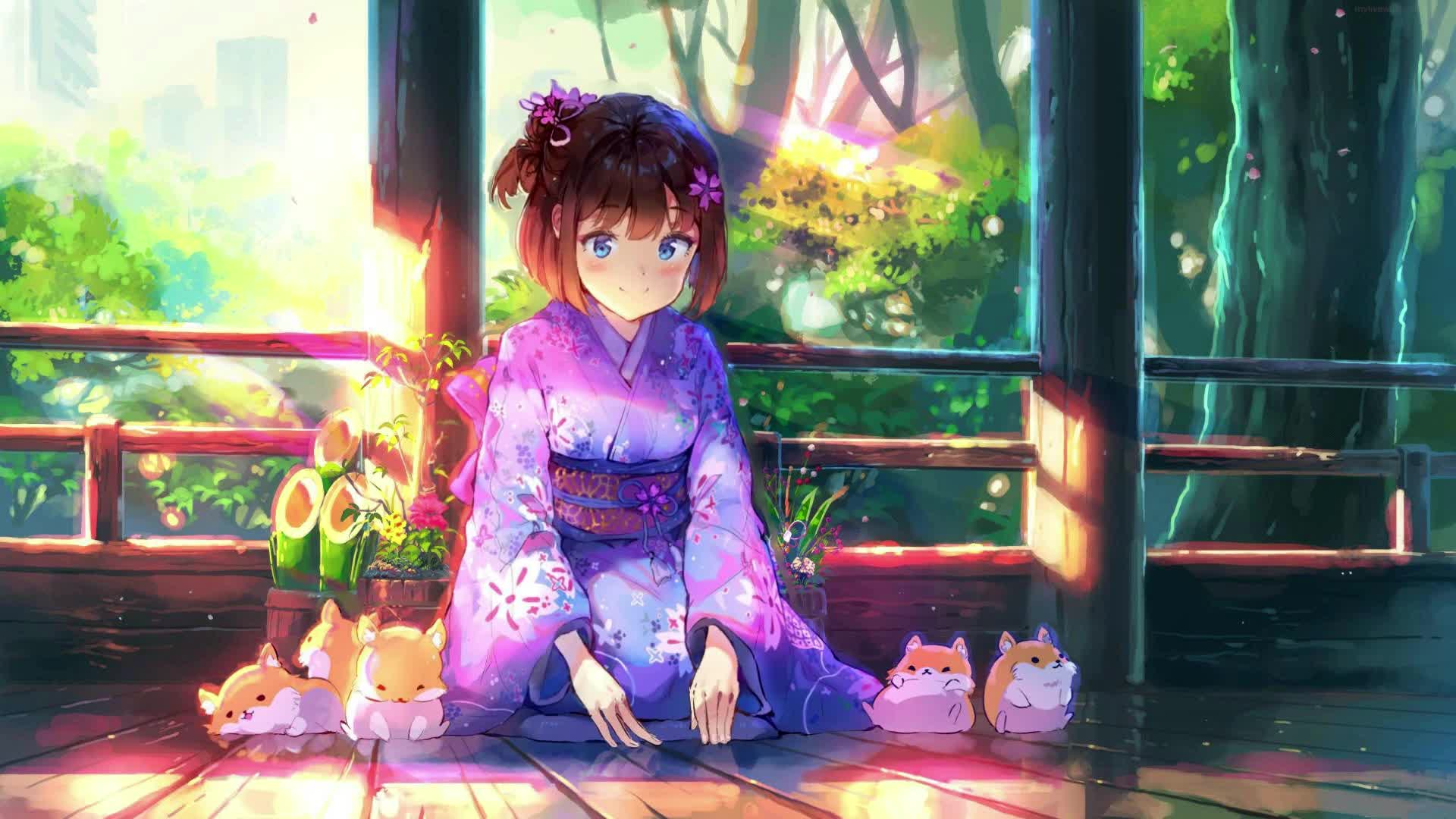 PC Animated Kimono Girl with Hamsters Live Wallpaper