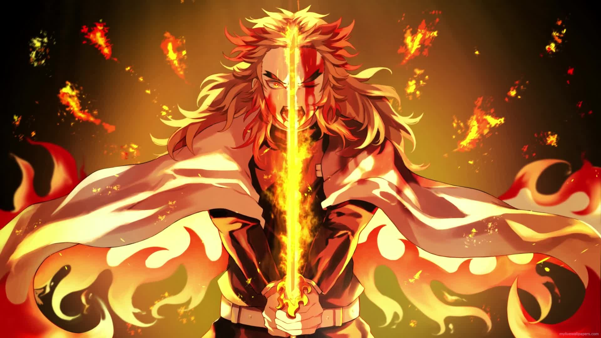 PC Animated Kyojuro Rengoku Sword Flames Live Wallpaper