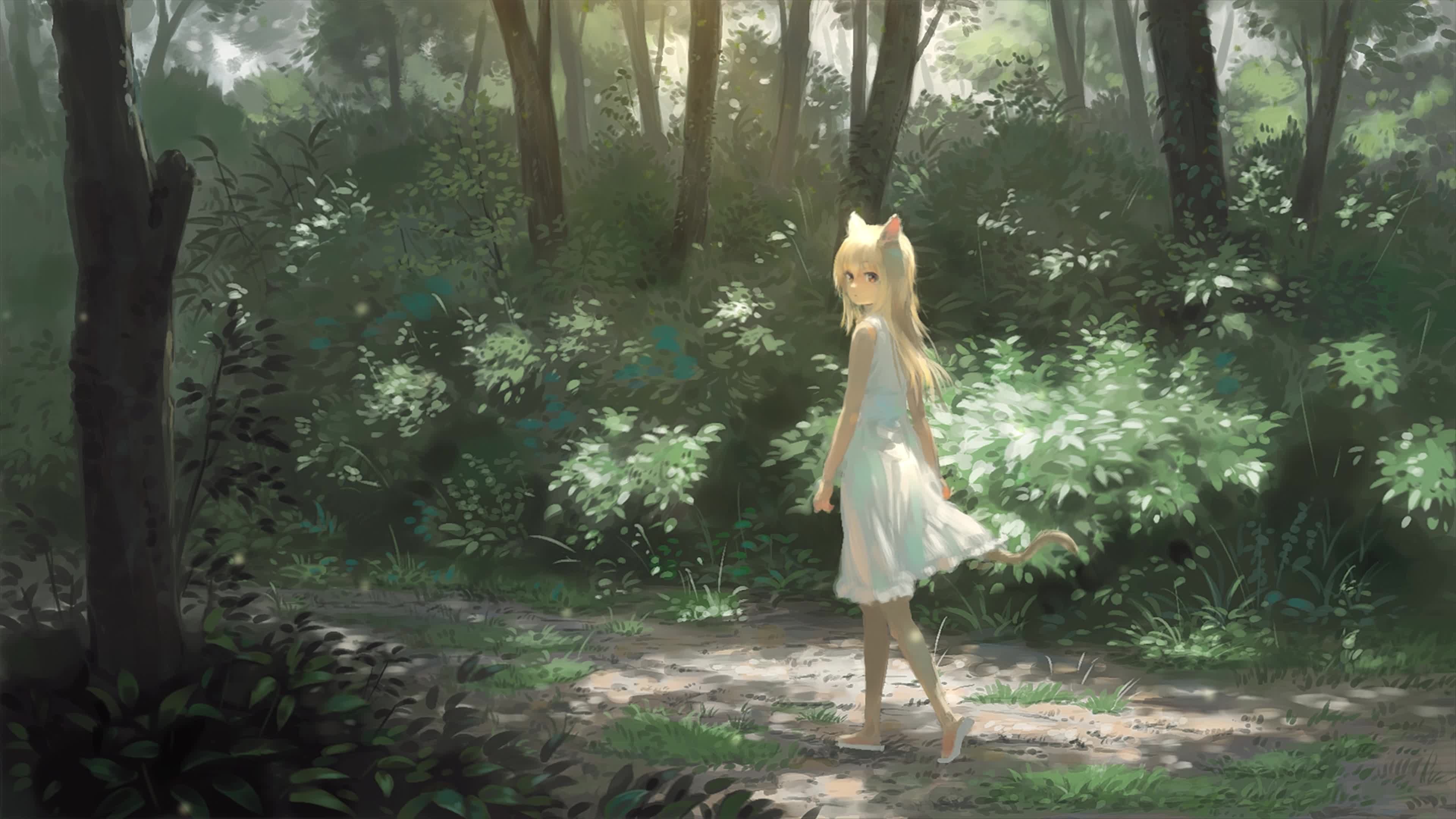 Loli Neko In A Forest 4K Live Wallpaper