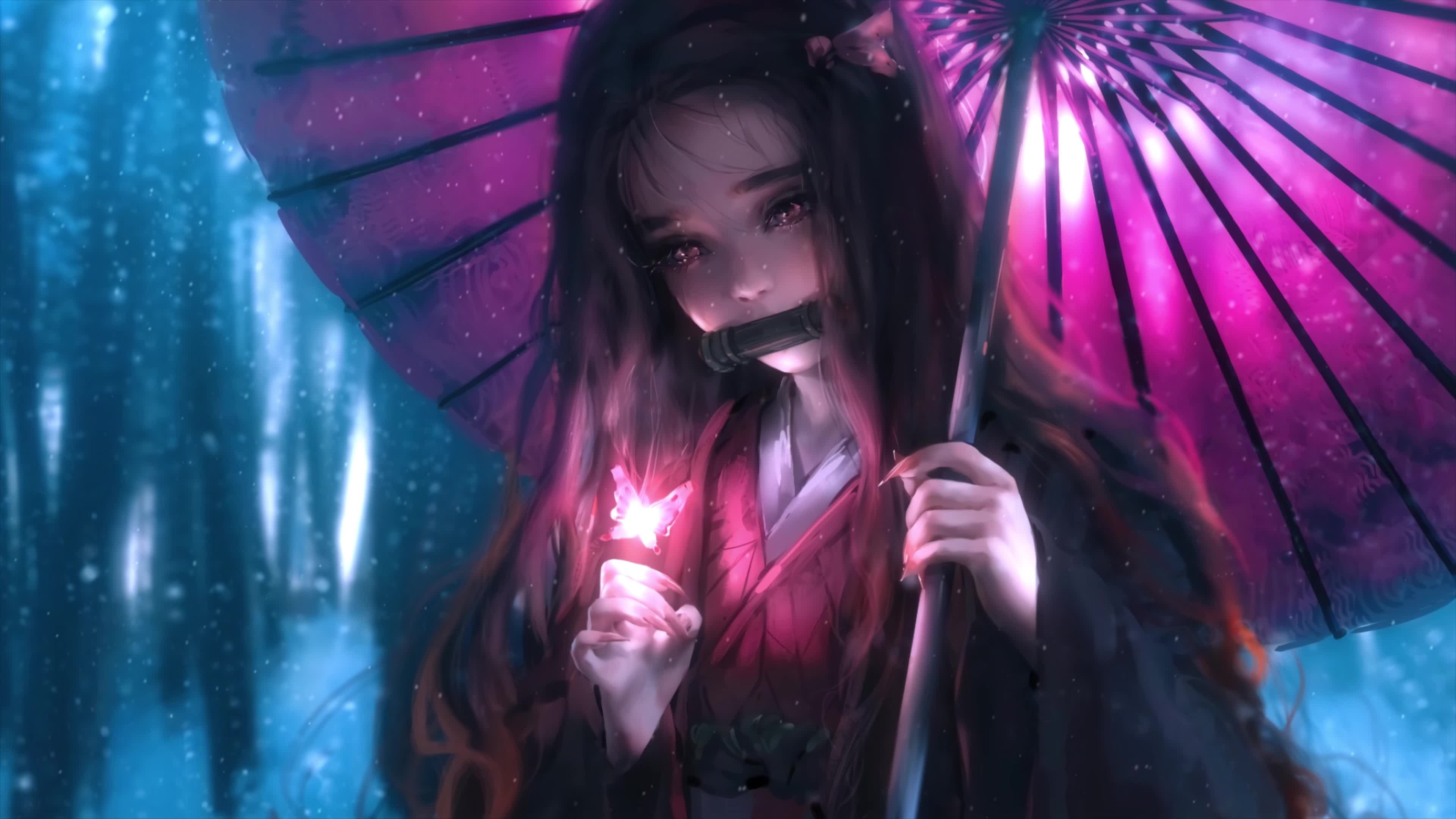 Anime Nezuko Kamado Butterfly Kimetsu No Yaiba 4K Live Wallpaper