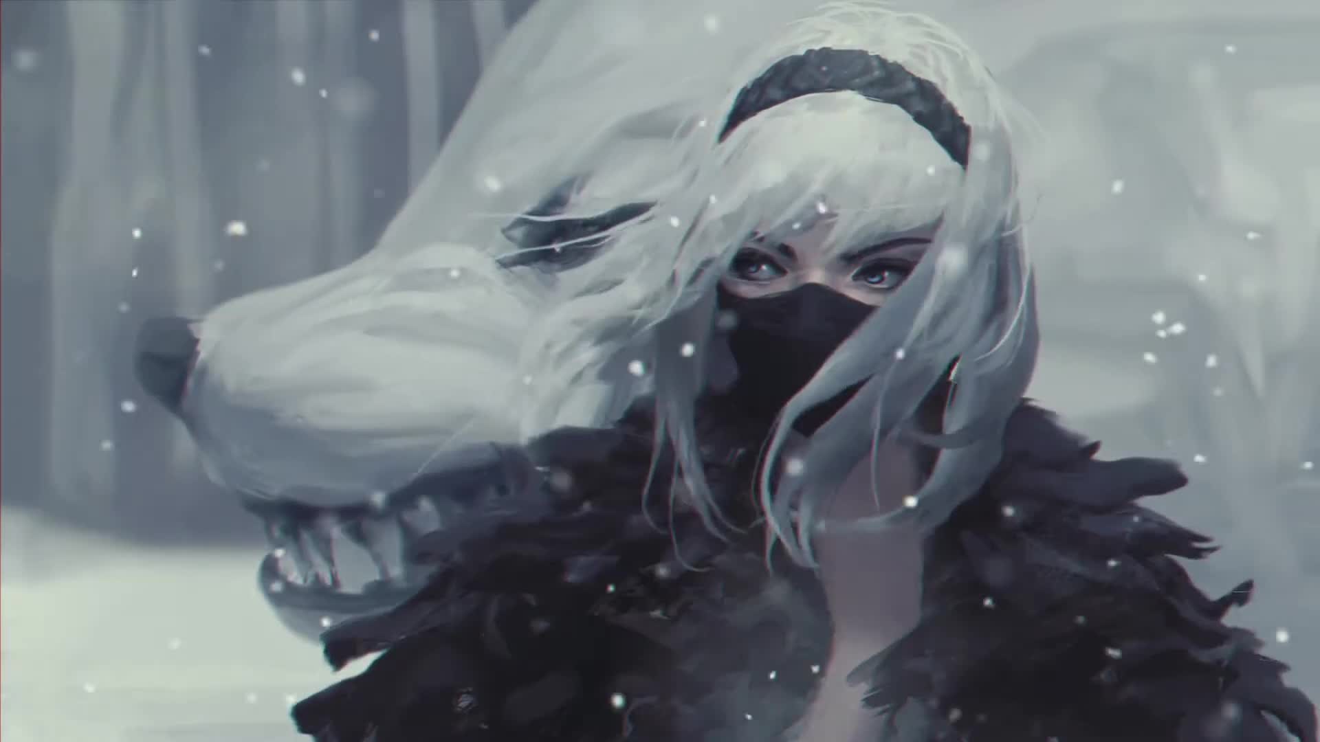 Girl Snow field with Wolf  Live Wallpaper