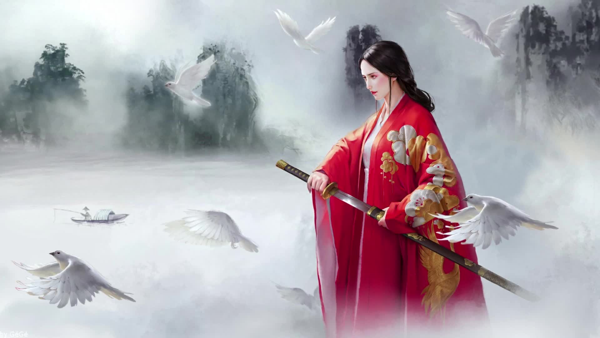 PC Lady Samurai Doves Live Wallpaper