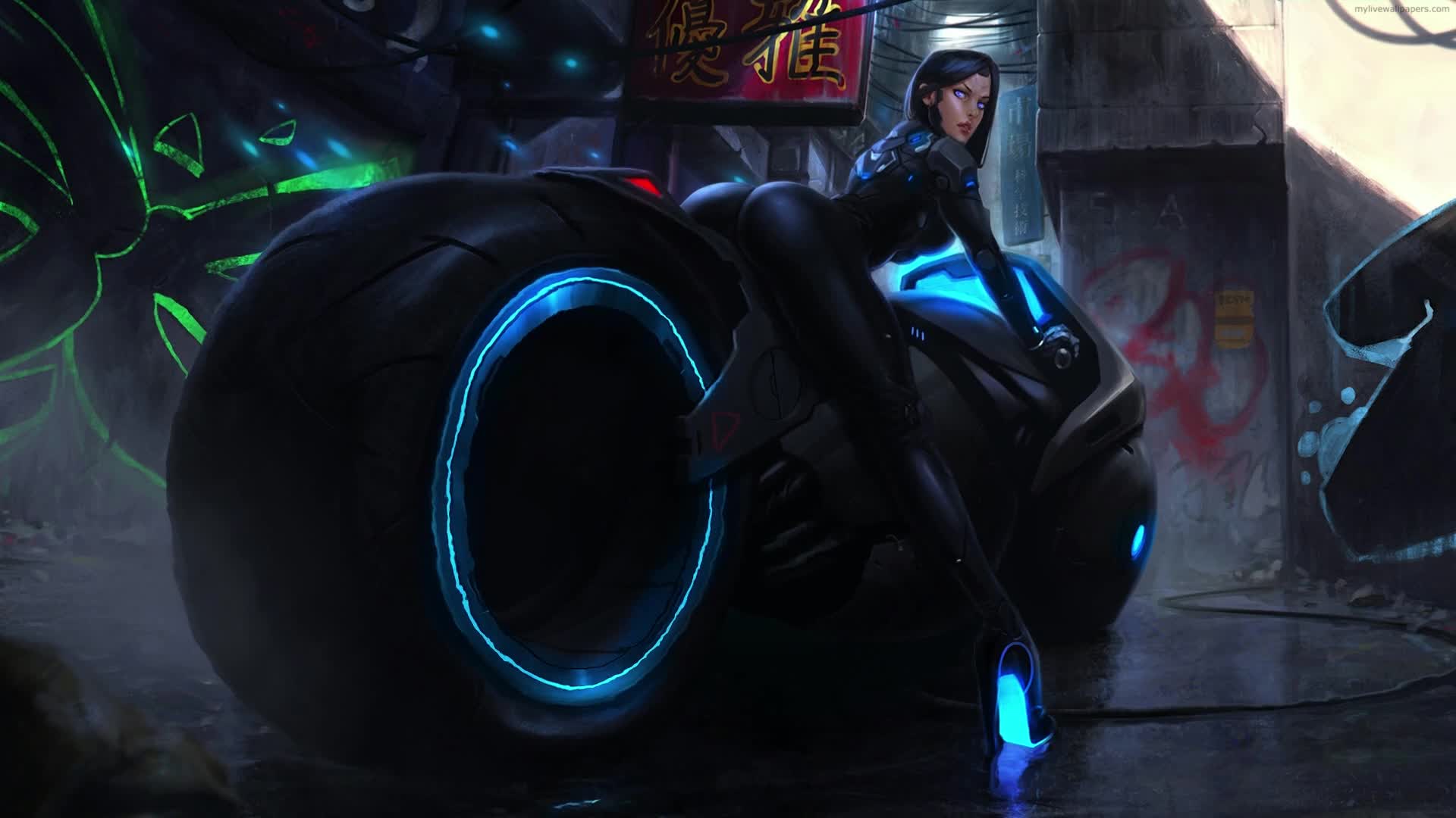 PC Blue Bike Cyber Girl Live Wallpaper Free