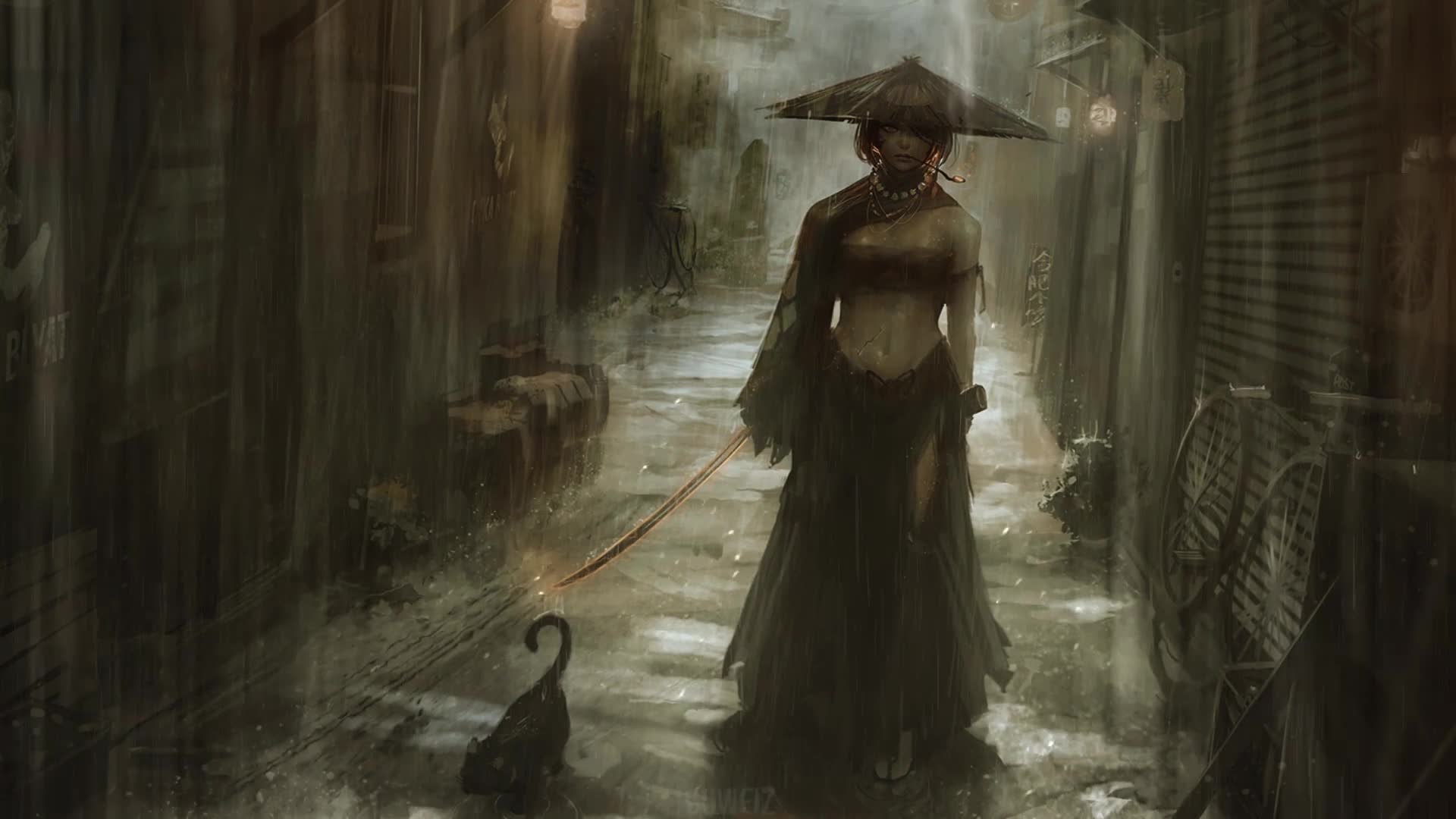 PC Samurai Girl in the Rain Live Wallpaper Free