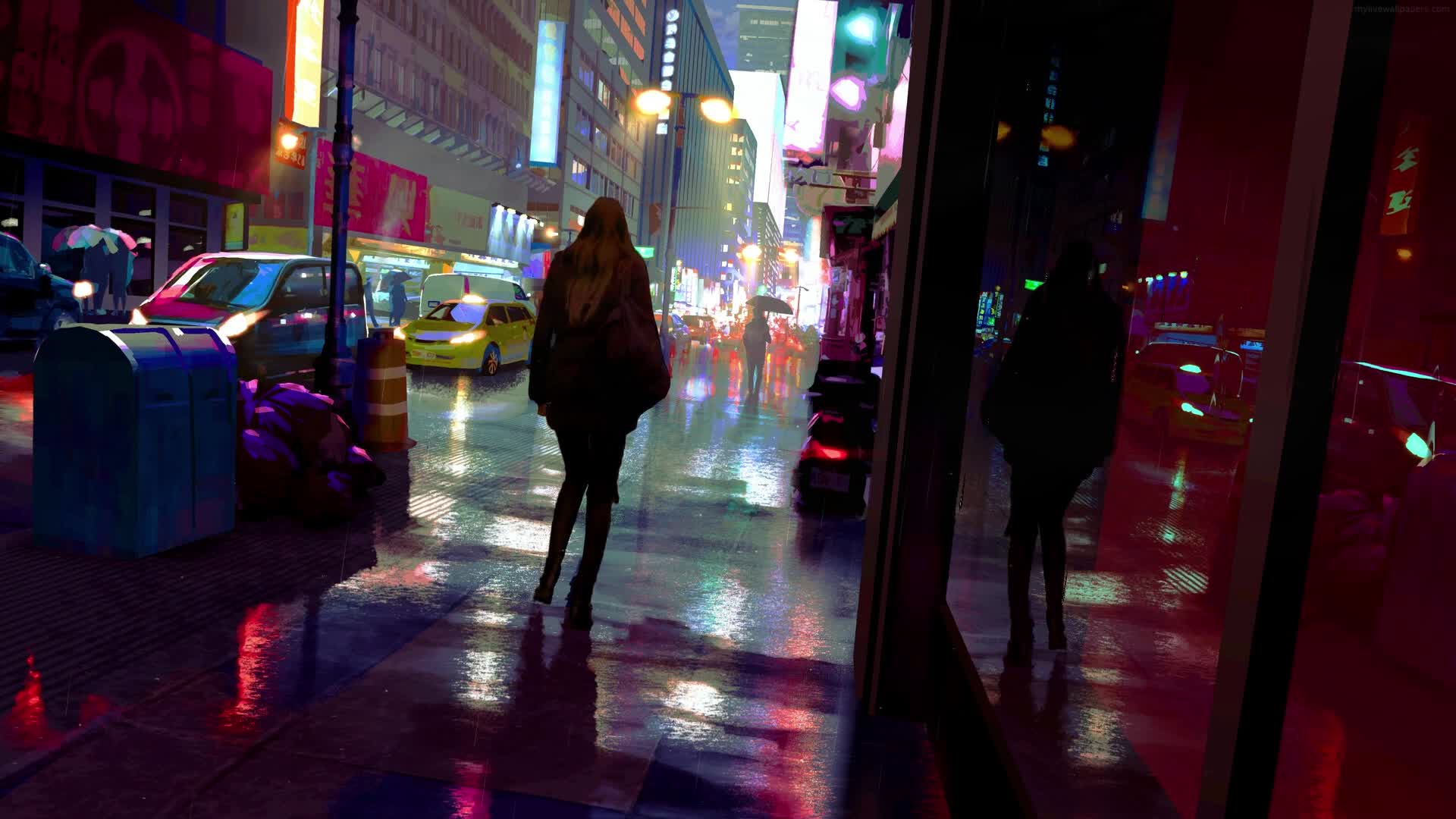 PC Night Walk City Rain Live Wallpaper Free