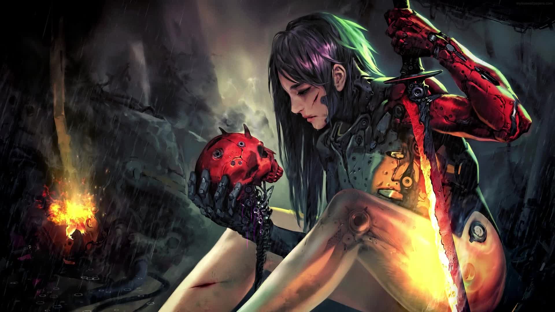 PC Cyborg Girl Red Skull Live Wallpaper Free