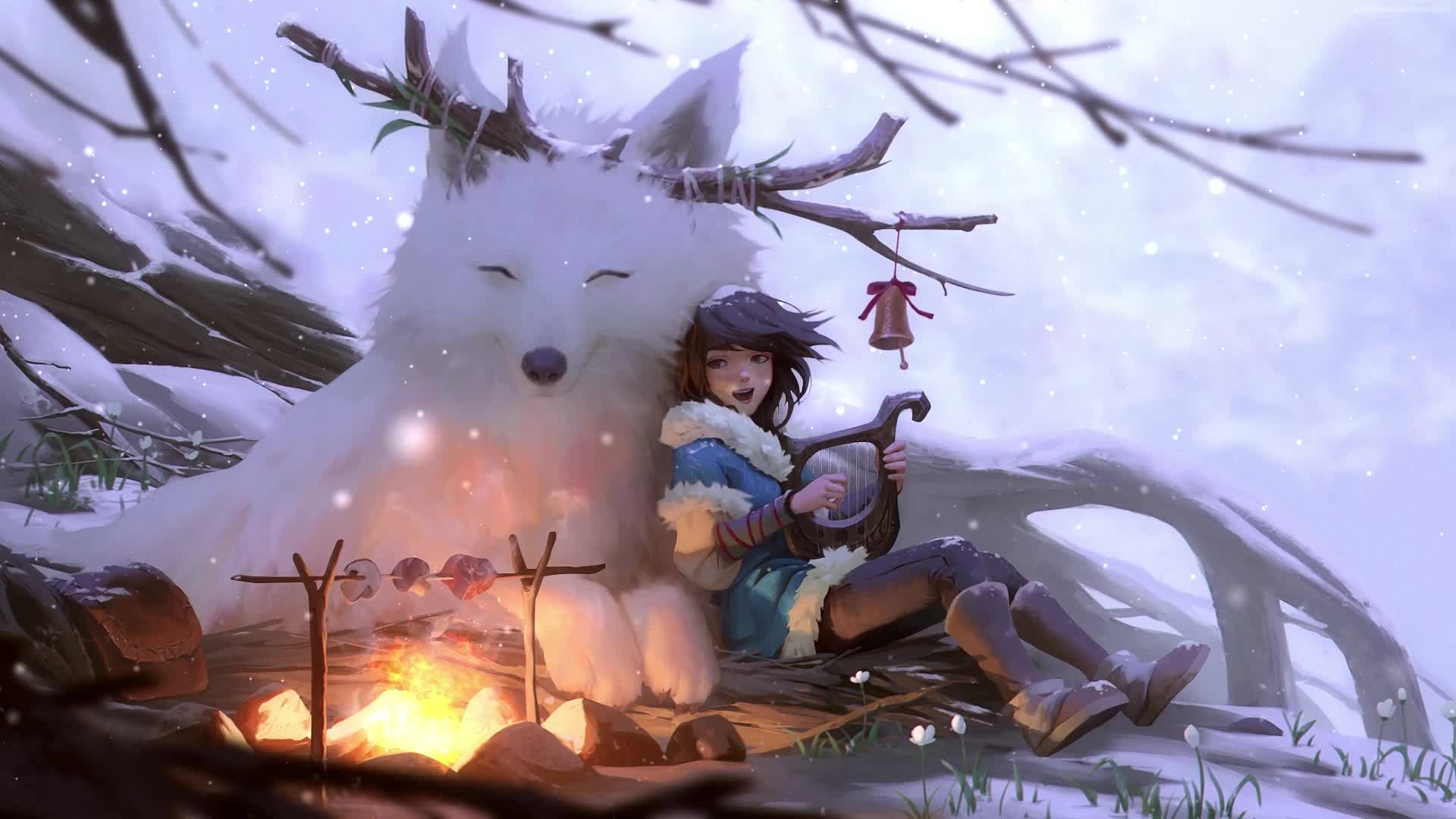PC Harp Girl with Pet Wolf Live Wallpaper Free