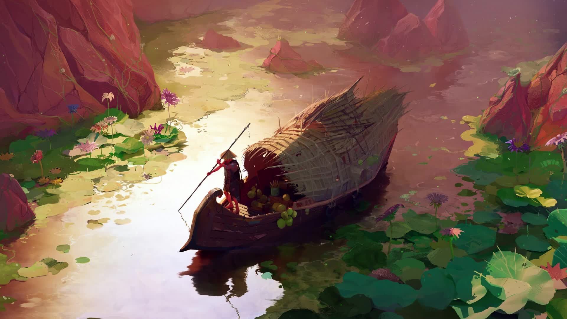 PC Boat Water Lilies Live Wallpaper Free