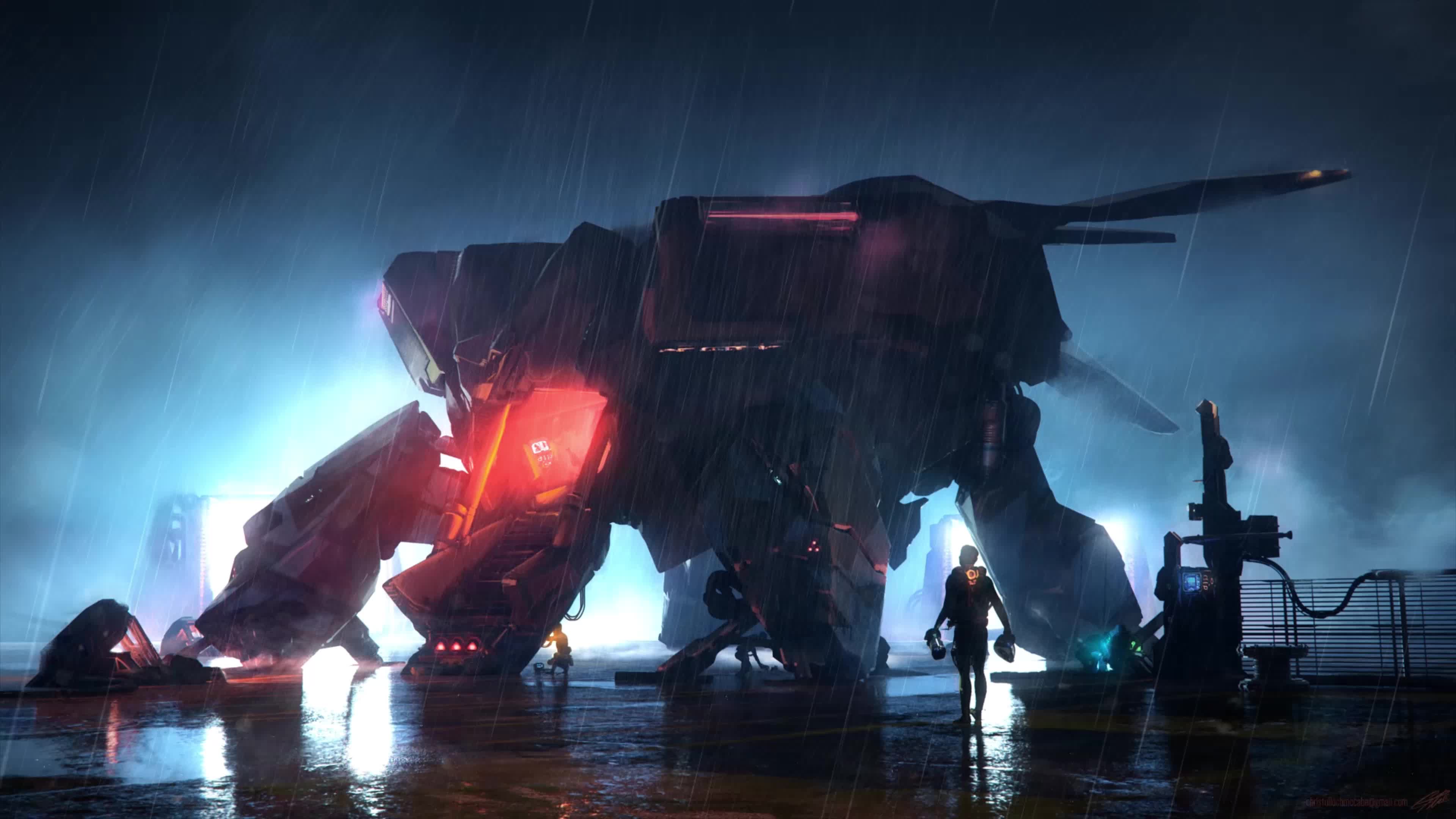 4K PC Spaceship In Rain Live Wallpaper