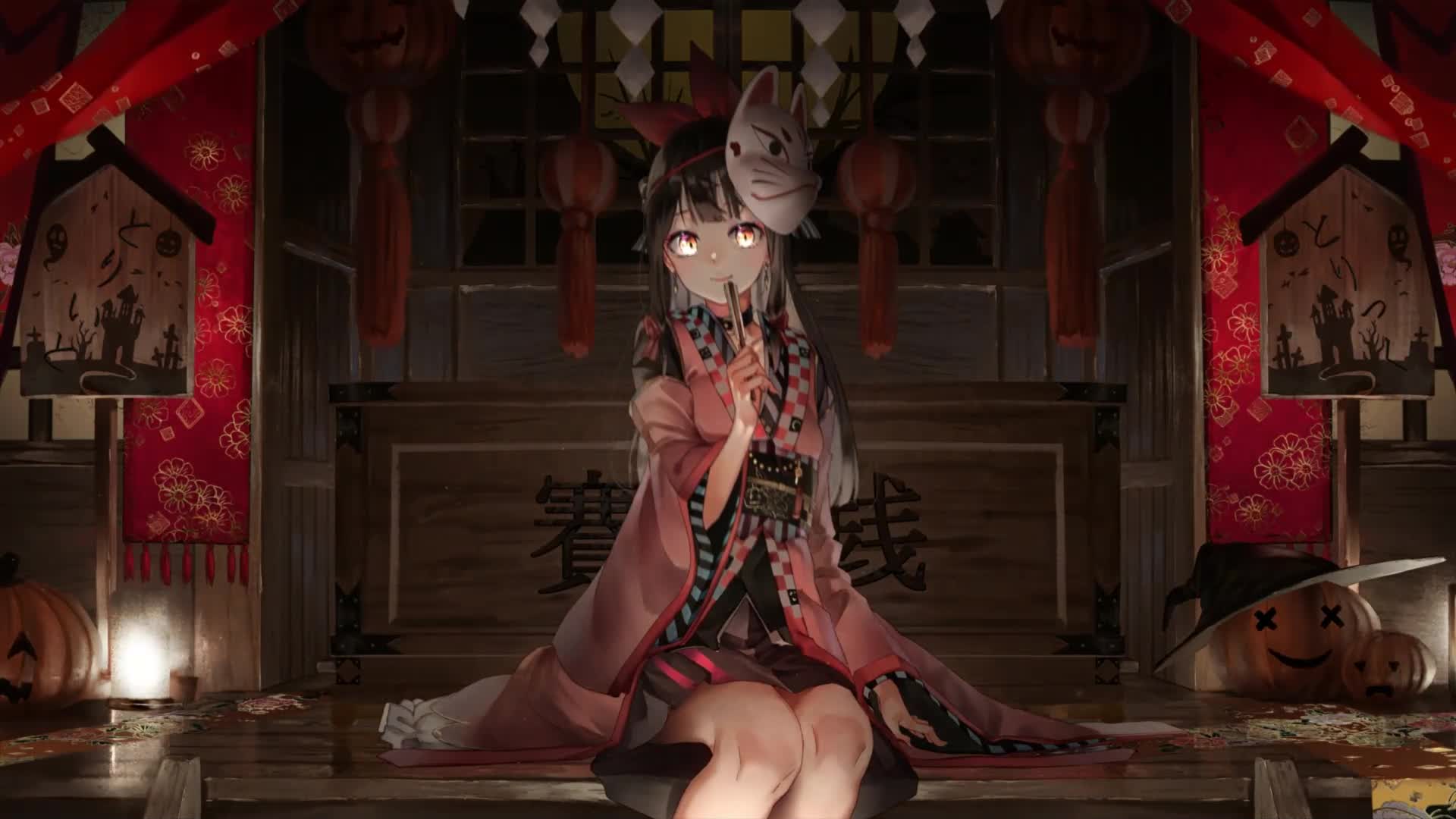 PC Desktop Anime Girl Wearing Fox Mask 1080p Live Wallpaper