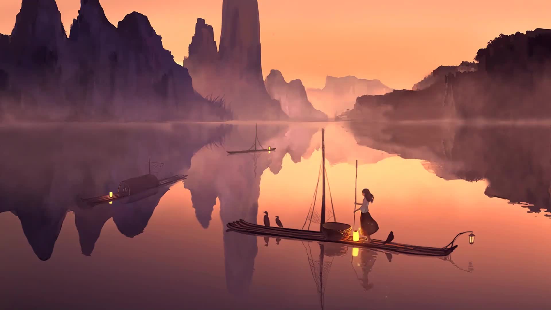 PC Desktop Jiangnan Water Town Fishing Boat Singing Evening 13 Live Wallpaper