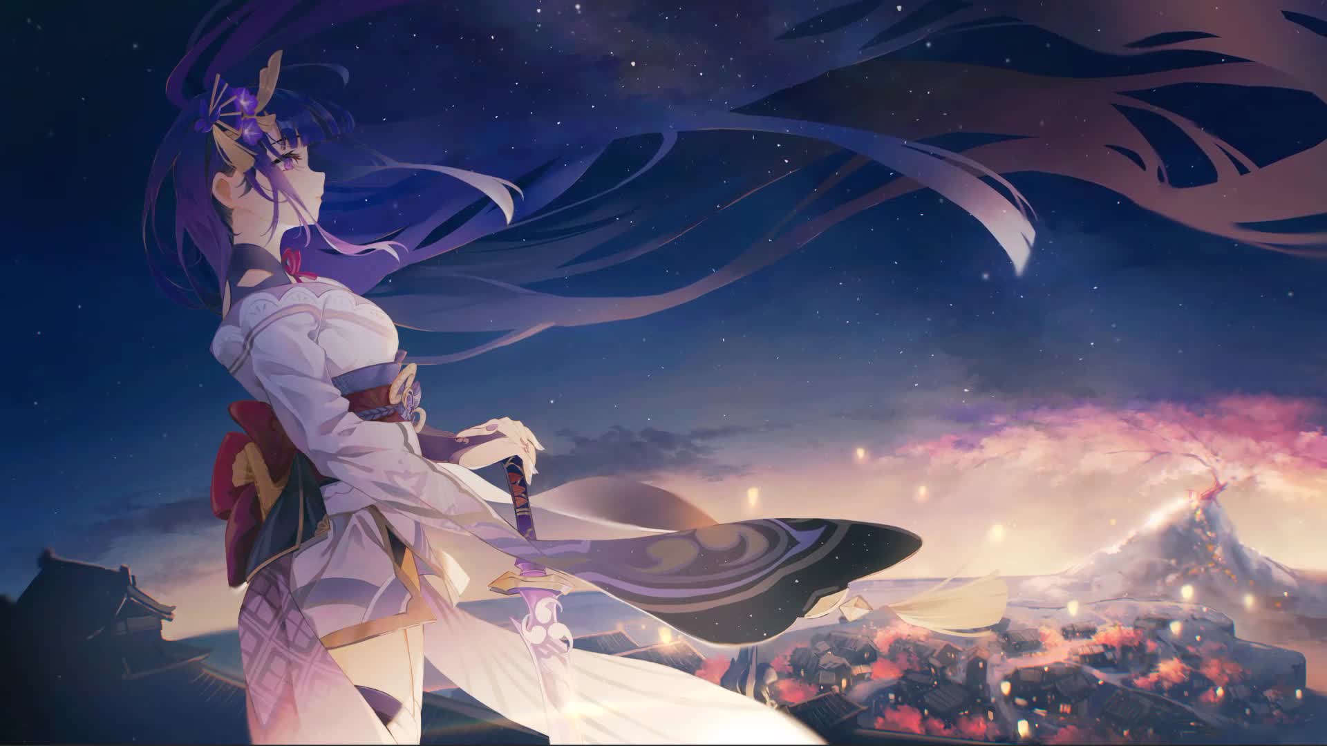 Raiden Shogun Genshin Impact Blue Hair Live Wallpaper 