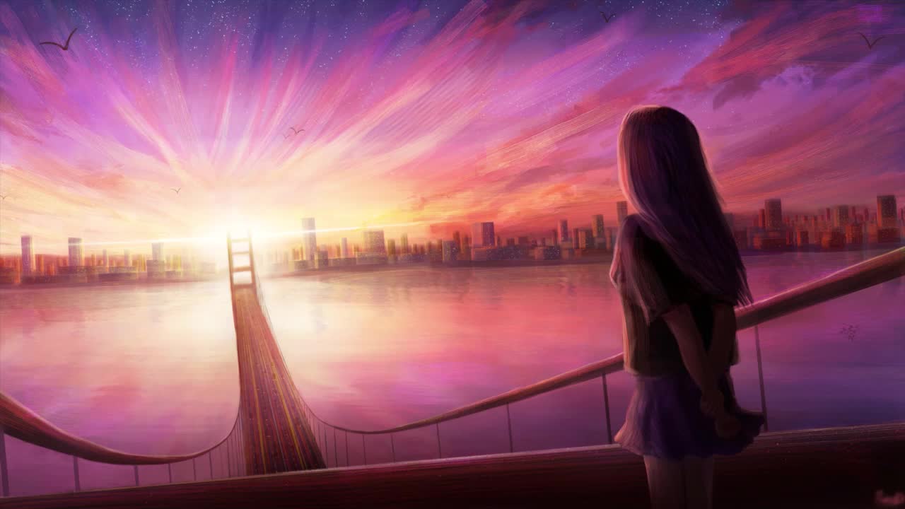 Anime Girl Watching The Sunset On The Bridge HD Live Wallpaper For PC