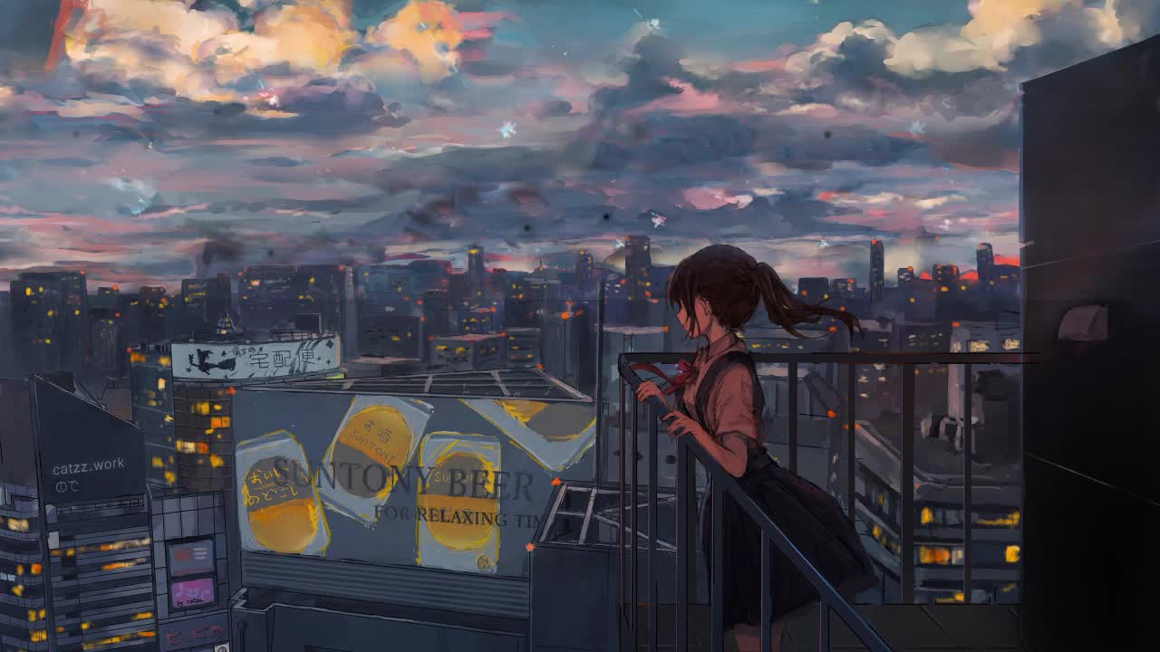 Anime Girl Looking At The City On The Rooftop HD Live Wallpaper For PC