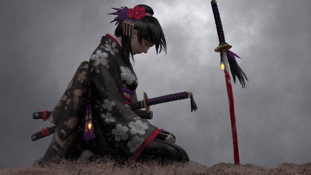 Samurai Girl Kneeling In Rain HD Live Wallpaper For PC