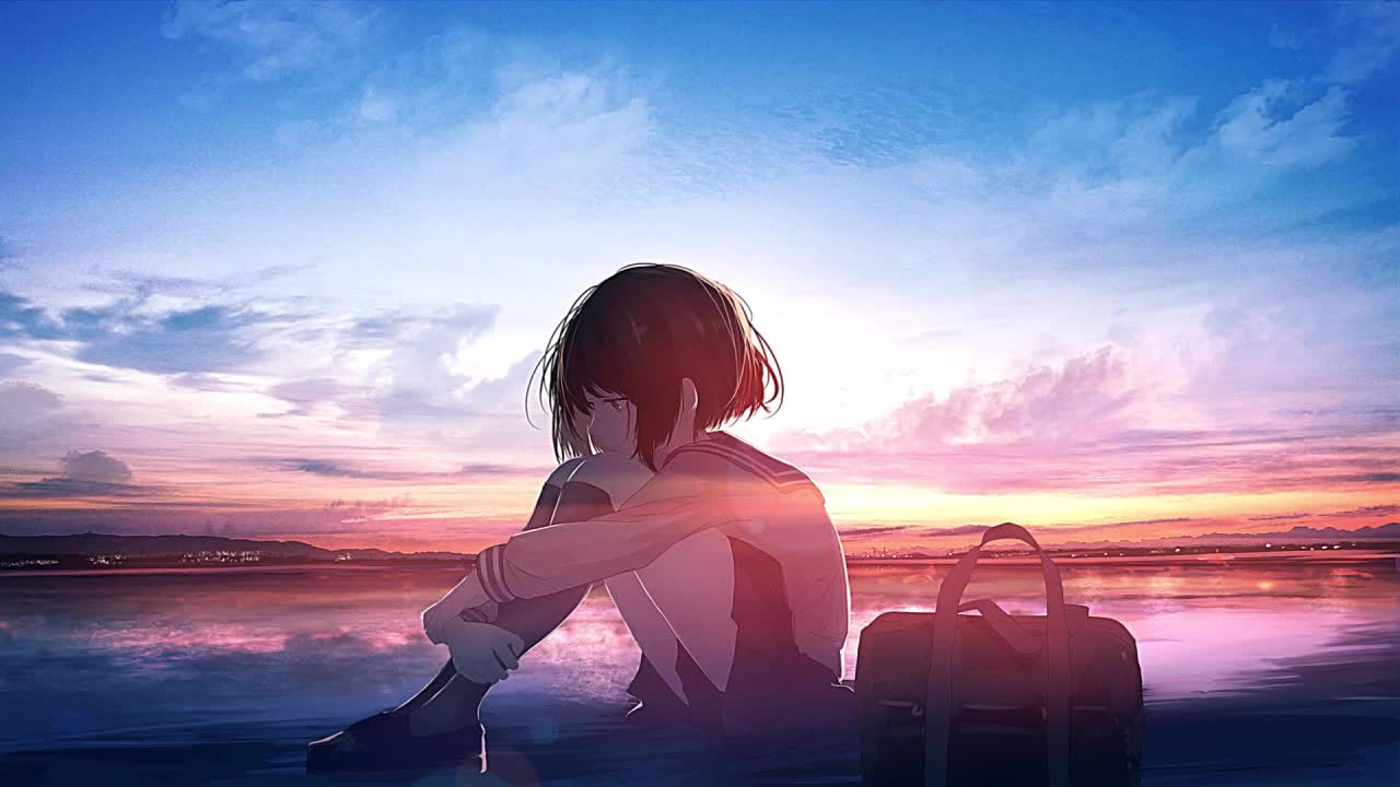 Anime Girl Sitting On The Beach HD Live Wallpaper For PC