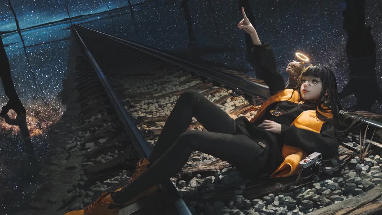 Anime Girl And Cat Lying On The Railway HD Live Wallpaper For PC