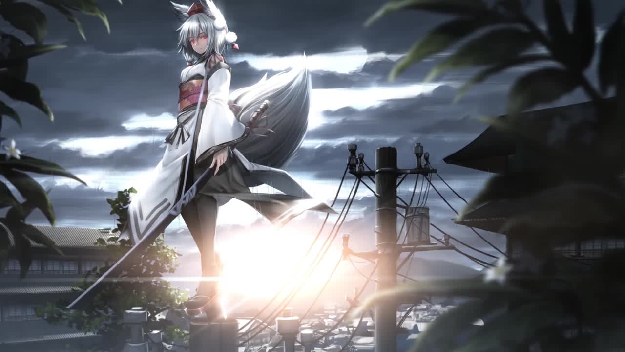 Anime Wolf Girl Holding Katana Standing On Electric Pole HD Live Wallpaper For PC