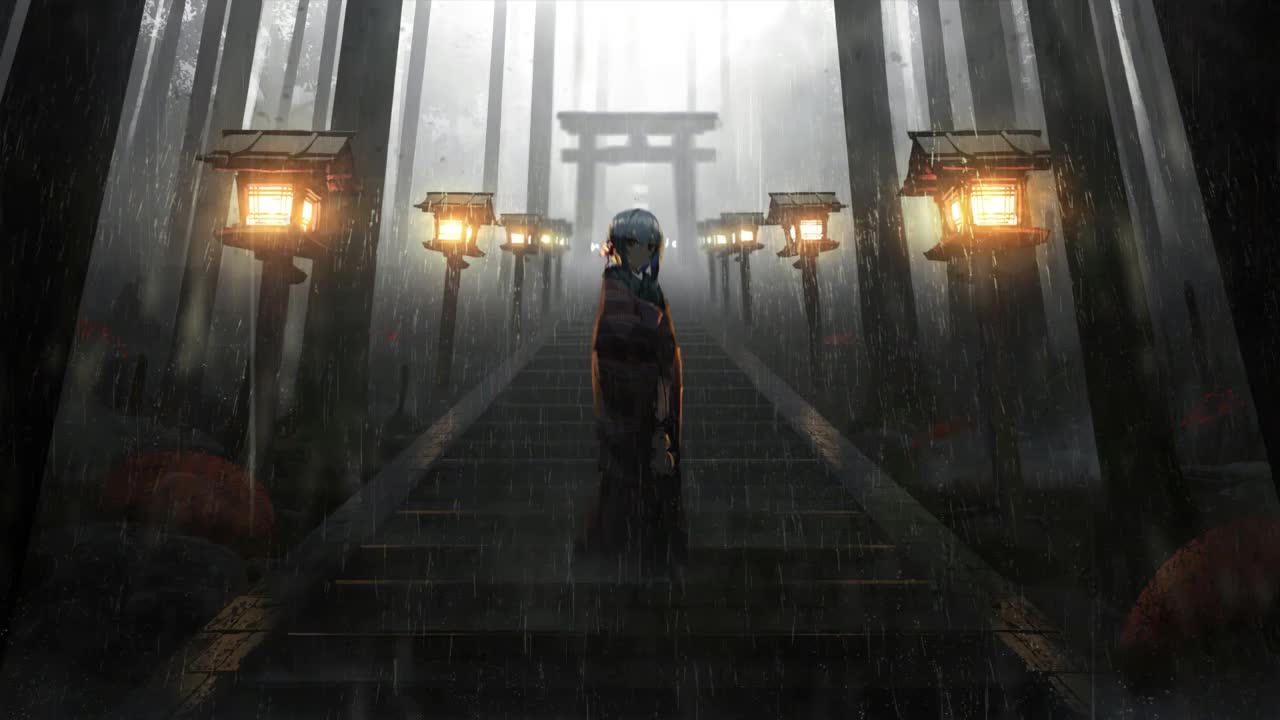Anime Girl Torii Raining HD Live Wallpaper For PC