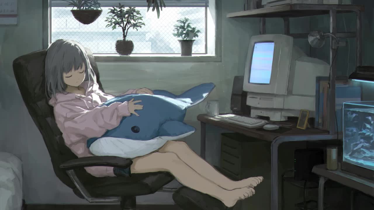 Anime Girl Hugging Stuffed Whale While Sleeping HD Live Wallpaper For PC