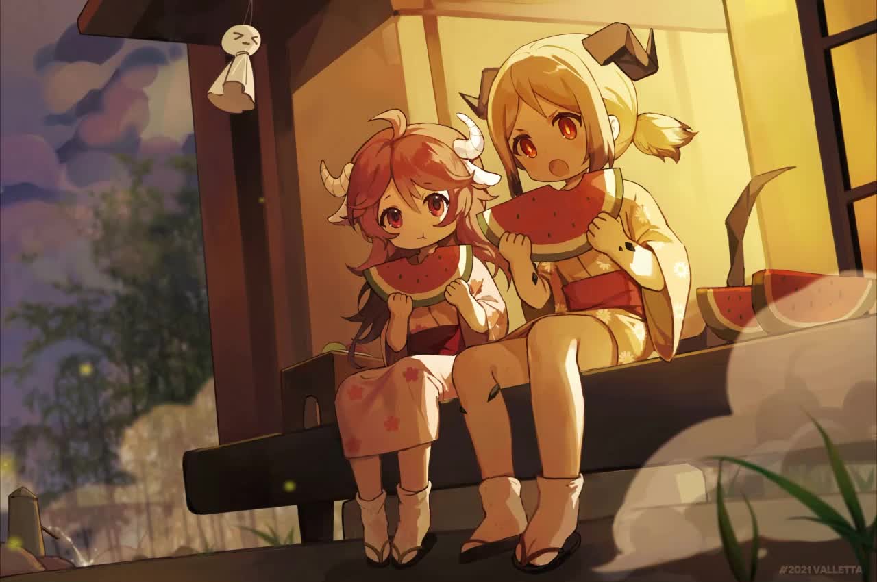 Eyjafjalla And Ifrit Eating Watermelon HD Live Wallpaper For PC live wallpaper